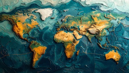 Pixelated World Map Relief with Gold Continents and Blue Ocean Mosaic