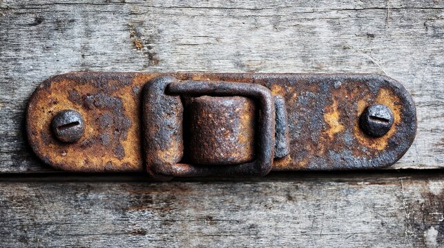 hasp. Close-up of a rusty iron hasp fastened on an old wooden crate with side lighting. safety posters, maintenance manuals, designed for precision metalworking and fabrication facilities.