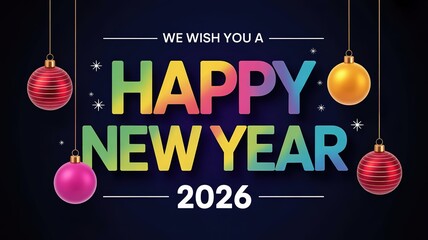 Colorful Gradient Typography Happy New Year 2026 Greeting Card Design with Festive Ornaments and Sparkling Stars on Dark Background Ideal for Seasonal Celebrations and New Year's Eve Invitations