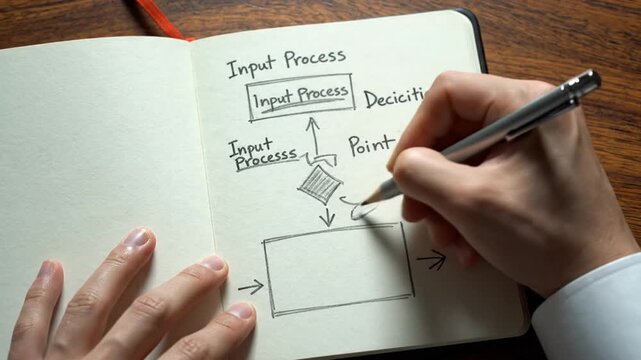 Hand Drawing a Process Flowchart on an Open Notebook with a Pen on a Wood Table Business Process Diagramming Conceptualizing Project Planning and
