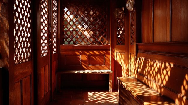 confessional. A vintage wooden confessional booth with light filtering through its lattice grill. event programs, museum guides, designed for cultural heritage projects and event programs.