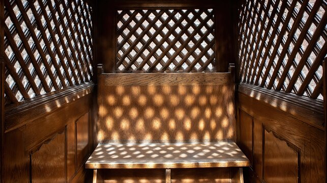 confessional. A vintage wooden confessional booth with light filtering through its lattice grill. event programs, museum guides, designed for cultural heritage projects and event programs.