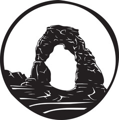 Black silhouette of Delicate Arch rock formation within a circle