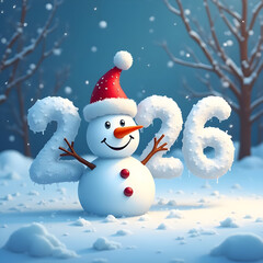 Snowy celebration: welcoming 2026 with cheerful snowman