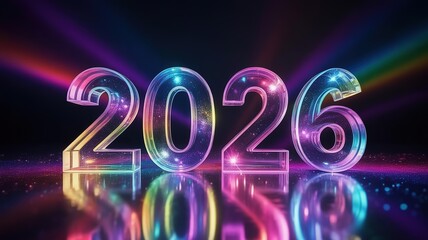 Shiny Iridescent 2026 Happy New Year Celebration Design with Reflective Numbers on Gradient Background Ideal for Greeting Cards and Party Invitations