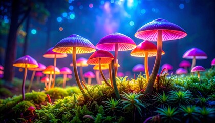 Fototapeta premium endless field of glowing mushrooms in vibrant colors, magical surreal world