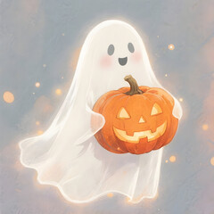 Friendly ghost holding a jack-o'-lantern pumpkin, Halloween concept