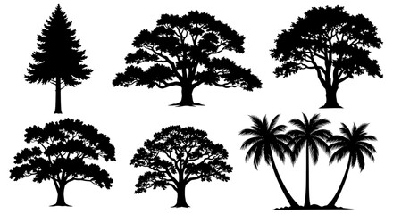 Assorted Tree Silhouettes Vector Set - Coniferous, Deciduous, and Palm Trees