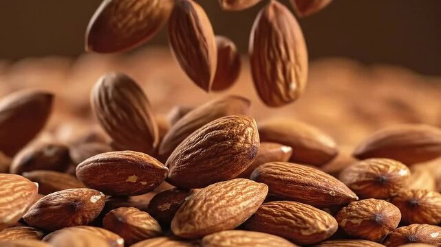 Heap Of Almonds Falling From Above Creating Texture With Soft Lighting And Shallow Depth Of Field
