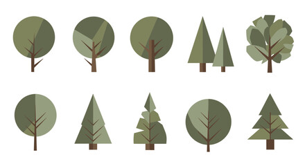 Stylized Flat Design Tree Vector Set - Diverse Green Deciduous and Coniferous Trees