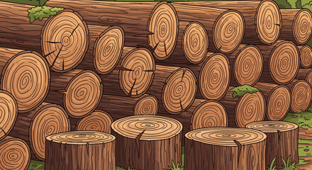 Stacked Wood Logs and Tree Stumps Pile Vector Illustration