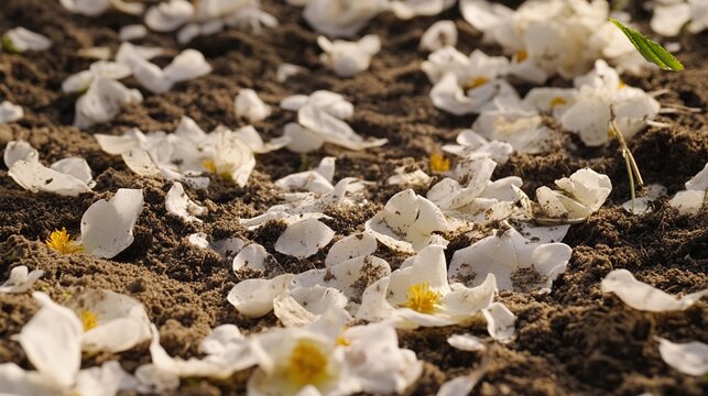 trampled. A garden soil surface with trampled flower petals and broken stems in soft daylight. ESG reports, sustainability campaigns, designed for sustainability communications and ESG reporting.