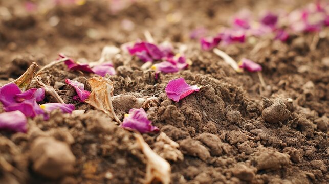 trampled. A garden soil surface with trampled flower petals and broken stems in soft daylight. ESG reports, sustainability campaigns, designed for sustainability communications and ESG reporting.