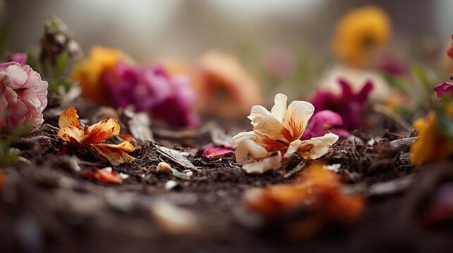 trampled. A garden soil surface with trampled flower petals and broken stems in soft daylight. ESG reports, sustainability campaigns, designed for sustainability communications and ESG reporting.