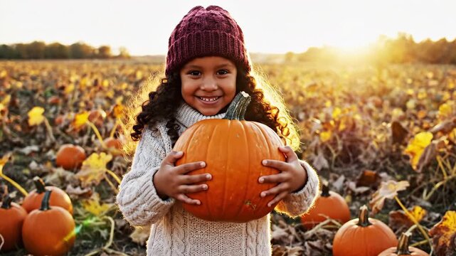 Smiling child in a knitted hat holding a pumpkin in a pumpkin patch bathed in golden sunlight