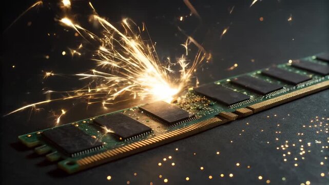Spark celebration over electronic memory module circuit board ram component with glowing solder sparks and golden contacts creating dramatic warm