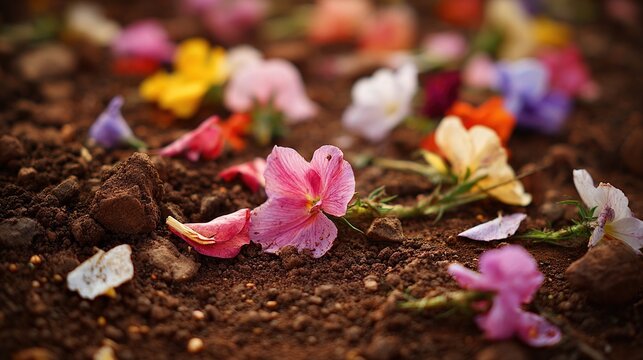 trampled. A garden soil surface with trampled flower petals and broken stems in soft daylight. ESG reports, sustainability campaigns, designed for sustainability communications and ESG reporting.