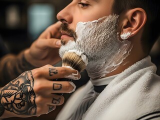Professional Barber with Tattoos Applying Shaving Cream with Brush to Male Client in Barbershop