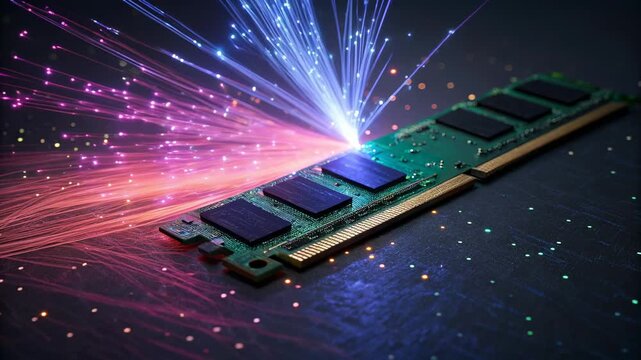 High performance memory module ram chip with glowing fiber optic light burst illuminating computer circuit board hardware for high speed data