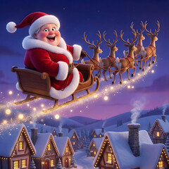Santa and reindeer flying over snowy village rooftops