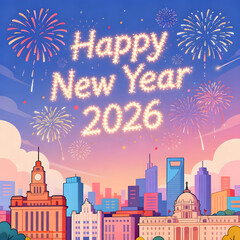 Happy new year 2026 fireworks celebration skyline scene