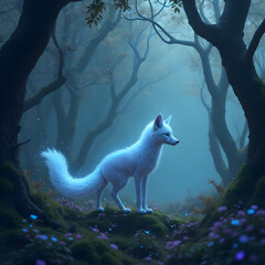 Enchanted white fox in mystical forest glade