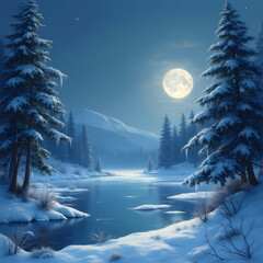 Mystical winter night under the bright full moon