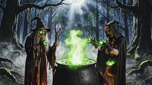 Two witches brew a glowing green potion in a large cauldron in a spooky, dark forest under a moonlit sky