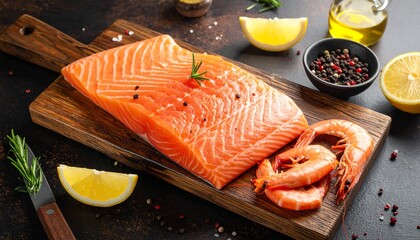 Fresh raw salmon fillet with shrimp, lemon, rosemary, and mixed peppercorns on a wooden cutting board, ready for healthy cooking.