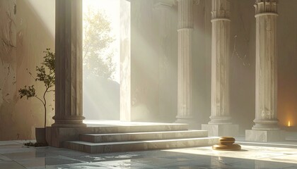 Serene ancient temple interior with classical fluted columns, stone steps, and golden sunlight streaming through atmospheric rays, creating a majestic and spiritual ambiance.
