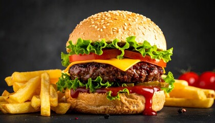 Classic beef hamburger with melted cheese, fresh lettuce, tomato, pickles, and ketchup, served with golden french fries on a dark background.