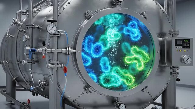 Large Industrial Bioreactor With Glowing Microorganisms Visible Inside A Circular Window Showing Blue And Green Bacteria Cells Undergoing