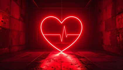 Red Neon Heart with Electrocardiogram Pulse in Dark Grungy Industrial Room