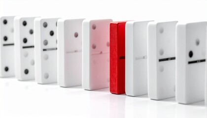 Single red domino standing out in a row of white dominoes, symbolizing uniqueness and leadership