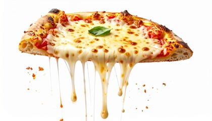 Hot slice of Margherita pizza with melted mozzarella cheese dripping, garnished with basil leaf, isolated on a clean white background.