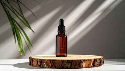 Amber dropper bottle for natural cosmetic serum on a rustic wooden stand with plant shadows