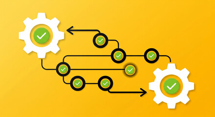Abstract workflow process with gears and checkmarks on a yellow background