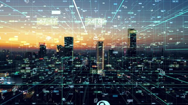 smart Connected city skyline. Futuristic network concept, city Technology.