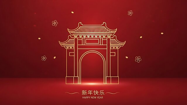 Elegant Golden Traditional Chinese Archway (Pailou) Outline on Red Background for Lunar New Year Celebration Greeting Card