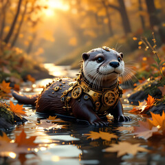 Steampunk otter in autumn stream at sunset