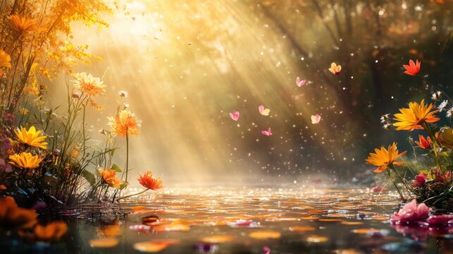 Autumnal forest bathed in sunlight, flowers and butterflies