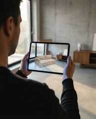 Person Using Augmented Reality App to Visualize Furniture in Modern Living Room Setting