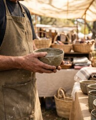 Artisan holding handmade ceramic bowl at outdoor market filled with handcrafted pottery and woven baskets