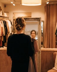 Person Trying on Clothes in Front of Mirror at Boutique Store with Fashionable Garments Displayed Nearby