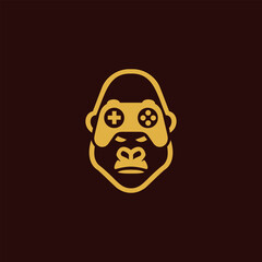 Golden gorilla gamer mascot logo wearing headset and controller eyes on dark background, minimalist flat vector icon