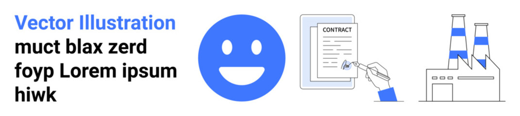 Business, agreements, production, manufacturing, corporate , documentation. Features a smiling emotion, a hand signing a contract and industrial factory chimneys. Business and agreements concept