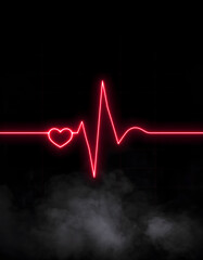 Neon heart rate line with smoke on a black background symbolizing life and health