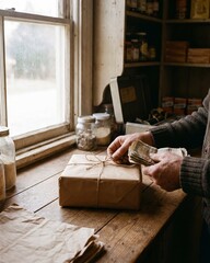 Closeup of Hands Counting Cash While Tying Brown Paper Around a Package in a Rustic Setting