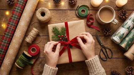 Cozy Flatlay of Holiday Gift Wrapping with Ribbons, Scissors, and Coffee on Rustic Wooden Table