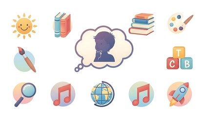 Educational Icons Set with Books, Globe, and Thinking Child.